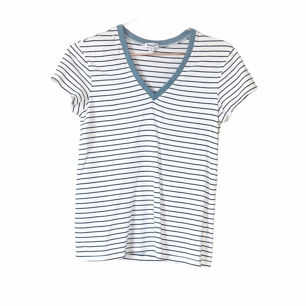 Splendid Striped V-Neck Black White Tee with Blue Collar French Paris